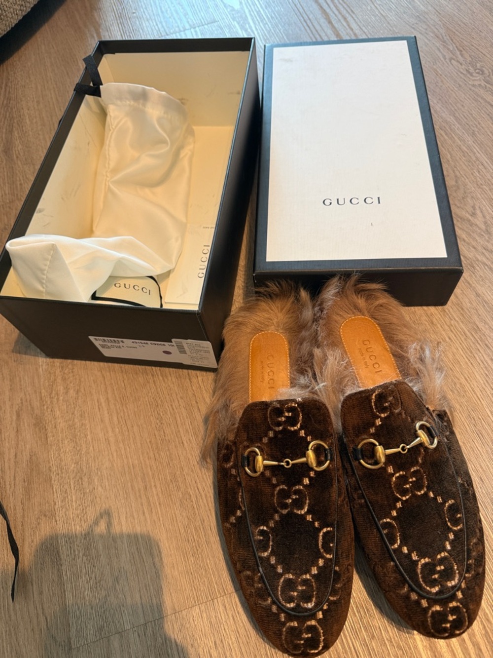 Gucci Brown Velvet Fur Slide Loafers with Gold Horsebit